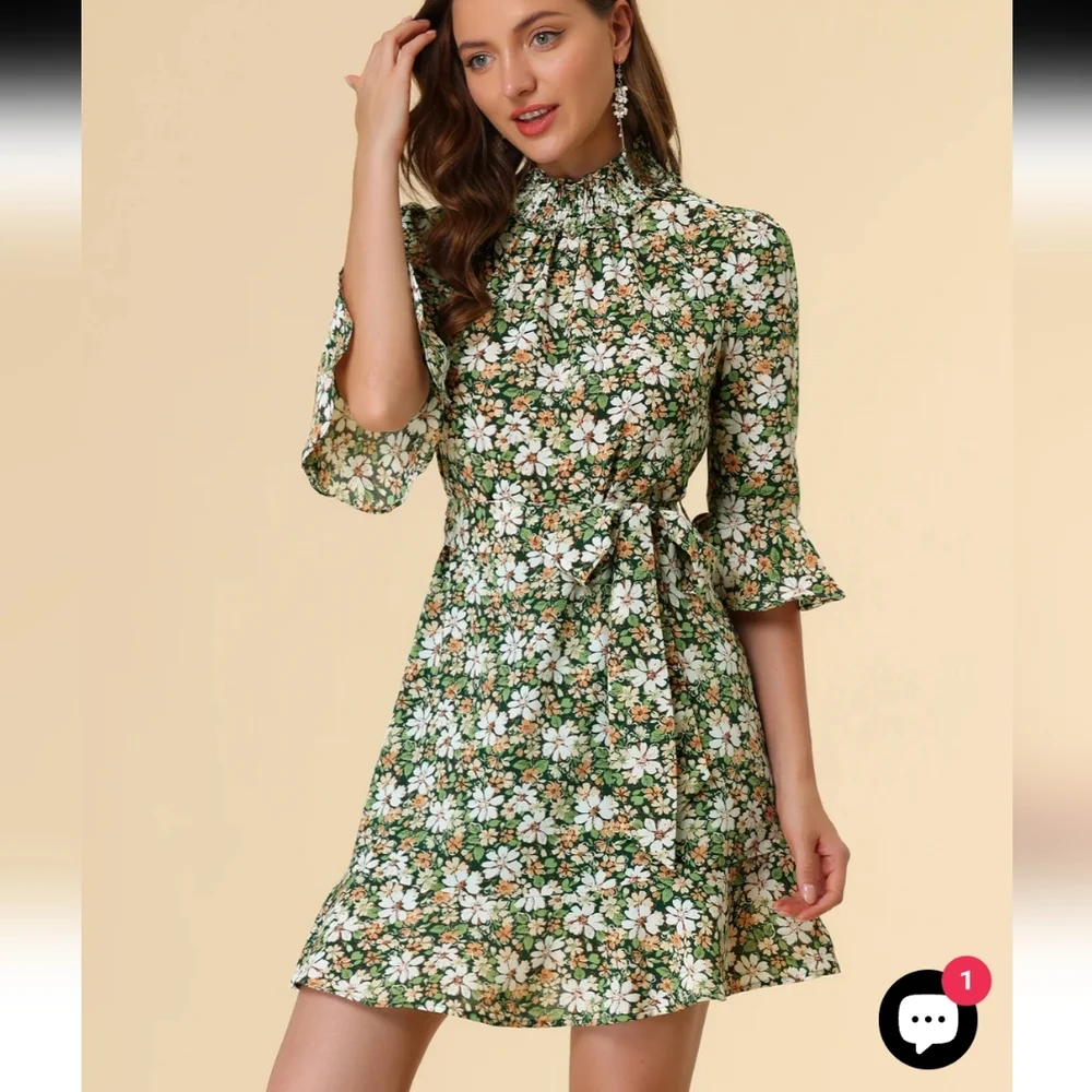 Allegra K Floral 3/4 Bell Sleeves Smocked Belted Flare Ruffle Dress Size S - Picture 3 of 16